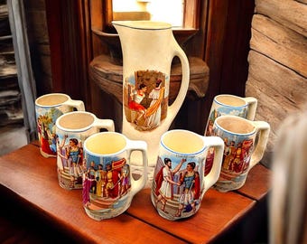 Jarra y tazas antiguas de cerámica Roseville Creamware, juego de 7 piezas, circa 1900, Caballeros de Pythias