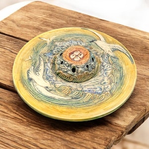 Antique Weller Glendale Bowl with Flower Frog, Embossed Birds, Waves, Shores