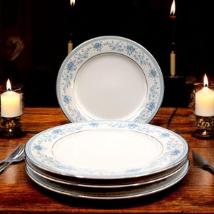 Vintage Set of 4 Salad Plates 8.33 Inches Blue Hill by Noritake Contemporary Blue Floral and Band Platinum Trim 1973 - 1996 Pristine