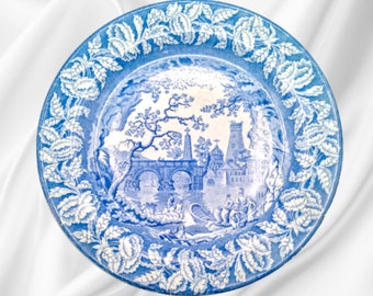 Early 19th Century Staffordshire Blue and White Transferware Plate with Castle, Bridge and a Flower Border Circa 1830's