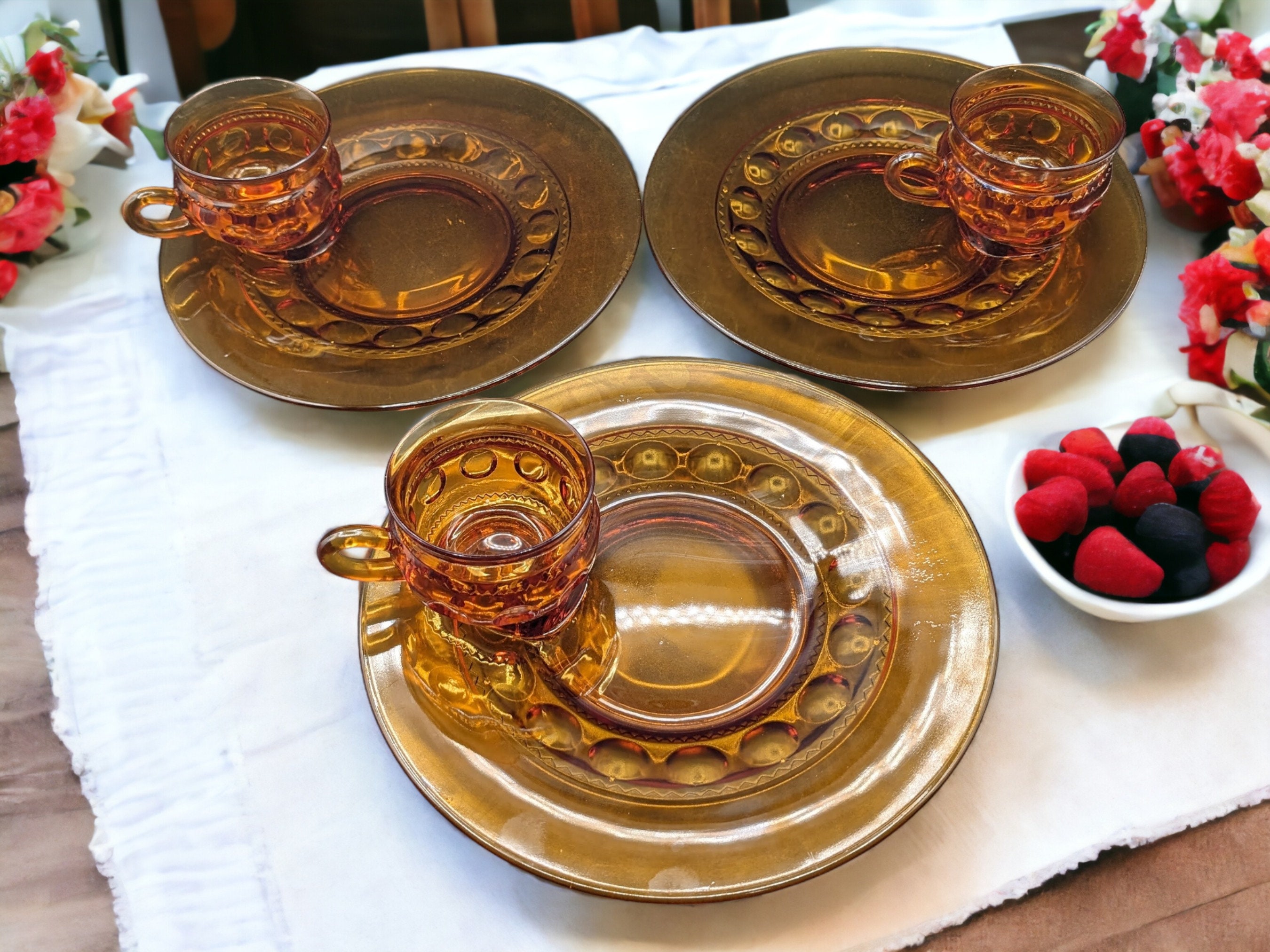 Vintage Amber Indiana Glass Luncheon Set: Thumbprint Kings Crown