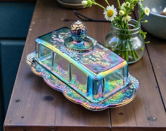 Vintage Indiana Glass Harvest Grape Carnival Glass Covered Butter Dish Iridescent Blue Mint