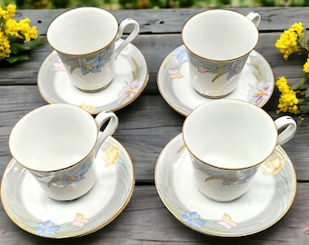 Vintage Mikasa Charisma Gray Cup and Saucer Set of 4: Floral Fine China