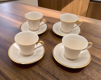 Vintage Lenox Eternal Teacup and Saucer Set of 4: Gold Trim Porcelain China