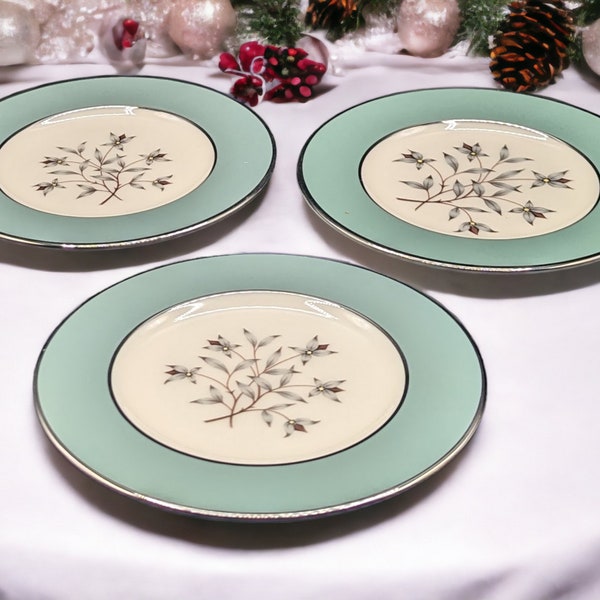 3  Six Inch Bread Plates in Lenox Kingsley Bone China Mid Century With a Central Floral Design, Teal Band, Platinum Trim on Ivory Background