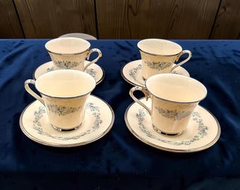 Vintage Lenox Repertoire Set of 4 Footed Teacups & Saucers Ivory Silver Floral USA C1970s