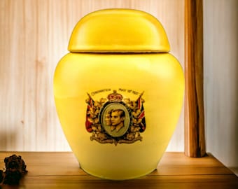 Vintage 1937 King George VI and Queen Elizabeth Coronation Yellow Urn with Lid Excellent Condition English Royalty Collection