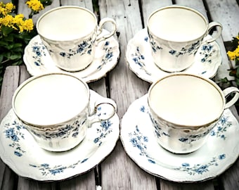 Set of 4 -Flat Cups and Saucers Blue Garland (Bavarian Backstamp) by JOHANN HAVILAND Circa 1950 Pristine Condition