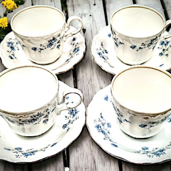 Set of 4 -Flat Cups and Saucers Blue Garland (Bavarian Backstamp) by JOHANN HAVILAND Circa 1950 Pristine Condition