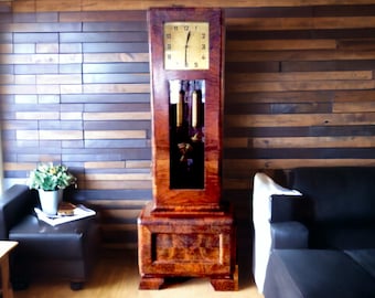 Art and Crafts German Made Walnut Burlwood Grandfather Clock Works Perfect- Great for Bungalow or Art Deco Home Circa 1930s