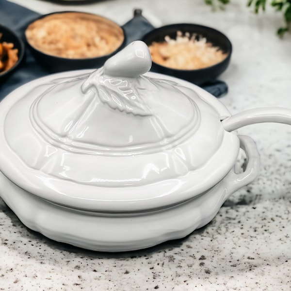 Soup Tureen- White Ceramic with Lid and Ladle-12 Inches Across 9 3/4 Inches Tall