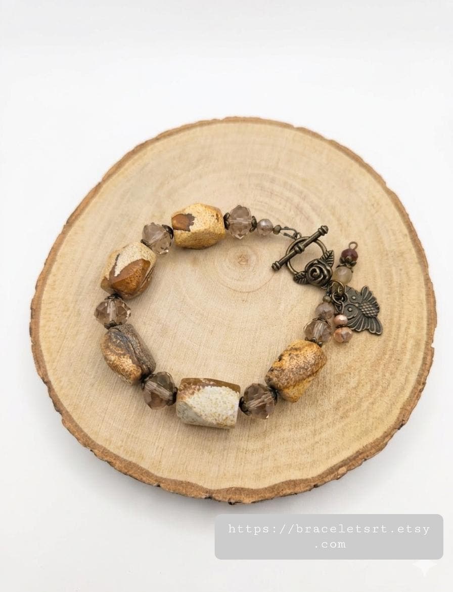 Boho Picture Jasper Beaded Bracelet with Bronze Owl Charms &ndash; Earthy Natural Stone Jewelry, Vin