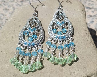 Blue & Green Crystal  Chandelier Earrings