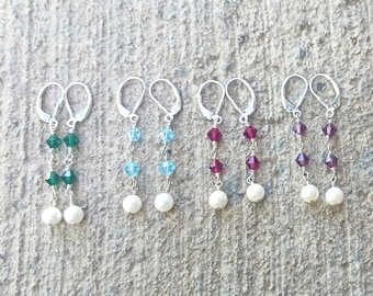 Genuine Swarovski Crystals & Pearl Lever-Backs Drop Earrings