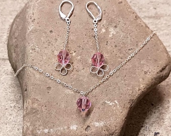 Light Pink Genuine Crystal & Sterling Flowers Set