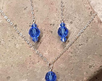 Sterling Silver & Genuine Blue Crystal with Floating Pendant Necklace-Earring Set