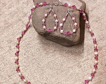 Dainty Pink Crystal Sparkle Pearl Set - Necklace & Earrings
