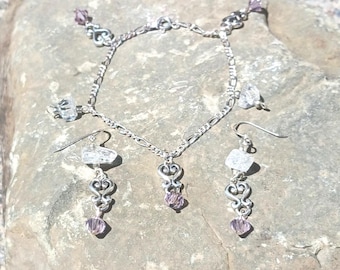Lilac Crystals, Quartz & Sterling Silver Bracelet-Earrings Set