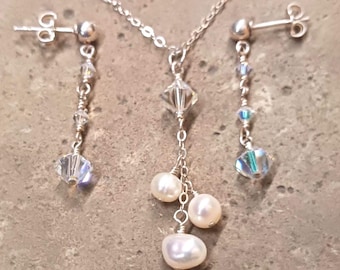Sterling Silver Pearl & Swarovski Crystal Dangle Set – Necklace Earring