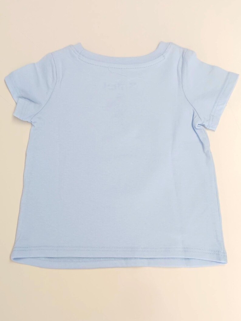 May include: A light blue short-sleeved t-shirt. The shirt has a crew neck and is made of a soft, lightweight fabric. The shirt is likely for a baby or toddler.