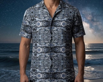 Grey Yamato Button Down Shirt | Unisex Hawaiian Art Shirt | A Surreal Maritime Pattern of Naval Boats at Sea. Maximalist Summer Fashion Wear