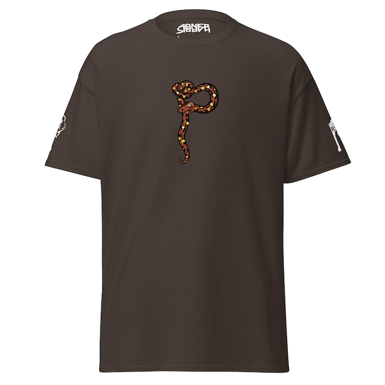 May include: A dark brown t-shirt with a snake design in brown, orange, and yellow. The word "SIENER" is printed in white at the top. White graphics are on the sleeves.