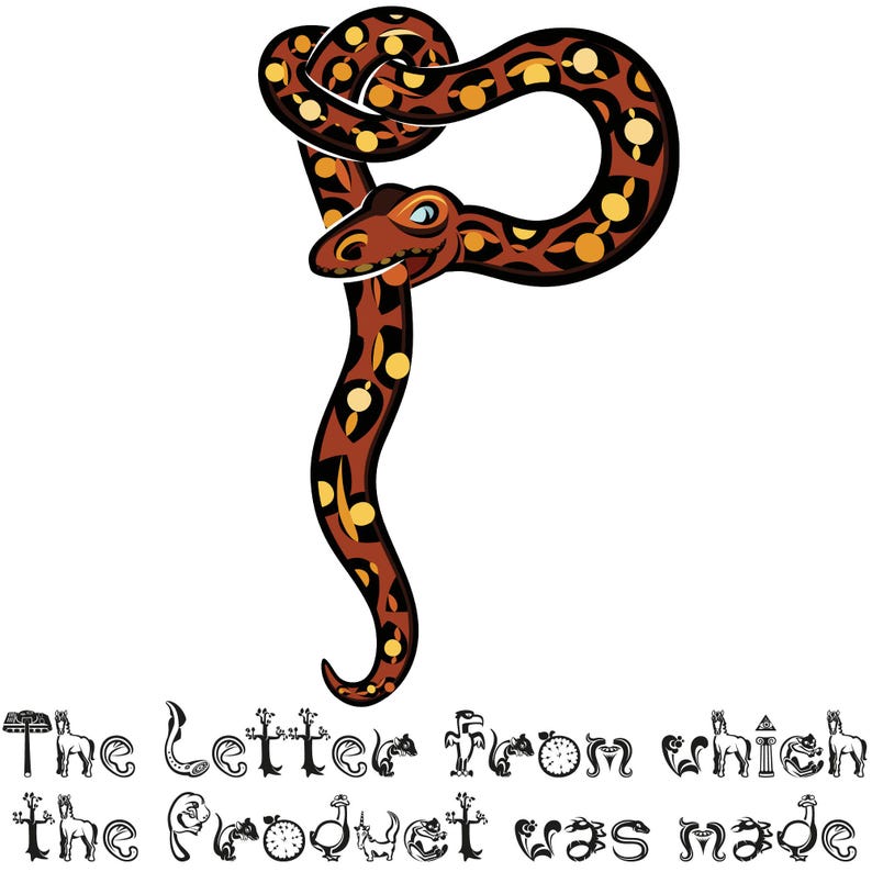 May include: An illustration of a snake in the shape of the letter "P", set against a white backdrop. The snake is brown with yellow spots and dark brown patterns. The text "The Letter From which the Product was made" is below the snake.