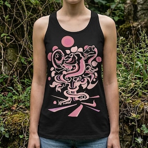 May include: Black tank top featuring a pink and white graphic design. The design includes stylized snake-like creatures, circles, and abstract shapes. The tank top is sleeveless and has a round neckline.