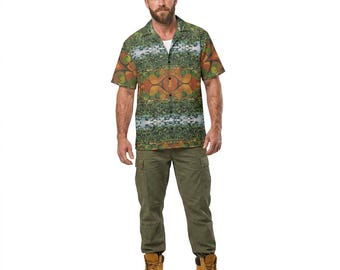 Camisa unisex de manga larga con estampado de rayas y árboles verdes / Camisa hawaiana artística unisex / Un patrón gráfico y orgánico crea formas y figuras surrealistas y mágicas.