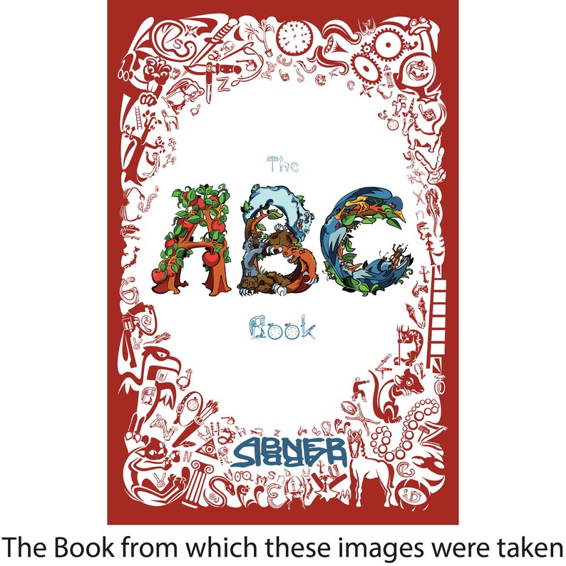 May include: A children's book cover with a red border filled with white illustrations. The title "The ABC Book" is in the centre, with each letter of "ABC" designed with natural elements. The author's name is at the bottom.