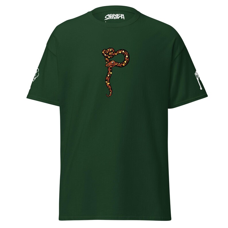 May include: Dark green t-shirt with a brown, red, and yellow snake design. The word "SIGNEA" is printed in white on the neckline. White graphics are on the sleeves. A casual, comfortable tee, perfect for everyday wear.