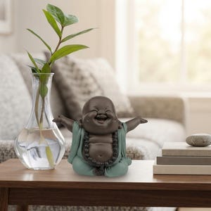 Puede incluir: Una figura de cerámica de color marrón oscuro de un Buda riendo con los brazos extendidos, vistiendo una túnica verde claro y un collar de cuentas oscuras. La figura está situada junto a un jarrón de cristal transparente con una planta.