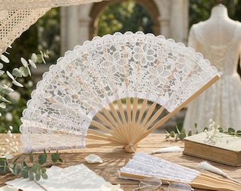 Abanico plegable de encaje blanco para bodas - Elegante abanico de mano nupcial con varillas de madera - Abanico de mano de estilo victoriano vintage para fiestas de té