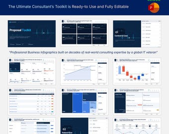 May include: A Health System Proposal Toolkit featuring 50 slides with professional business infographics. The presentation includes charts, data tables, and flow diagrams on dark blue backgrounds with white text and orange accents.