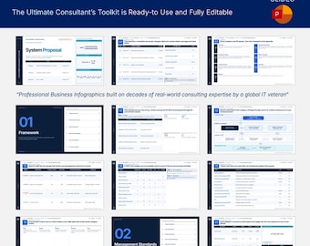 May include: A 70-slide Procurement Management System Proposal presentation deck featuring professional business infographics, tables, and flowcharts. The slides include text headers like Framework and Management Standards, designed for consulting use.