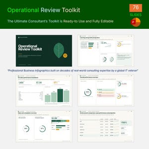 May include: Operational Review Toolkit featuring 76 slides. The presentation includes business infographics, charts, and data visualizations with text such as Learning and growth perspective, Q3 sales performance breakdown, and Achievement comparison.
