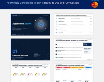 May include: An IT Security Assessment Toolkit presentation template featuring 46 slides. The layout includes dark blue backgrounds with white text, charts, and diagrams. Text includes "IT Security Assessment Toolkit" and "The Ultimate Consultant's Toolkit is Ready-to-Use and Fully Editable" with a PowerPoint icon.