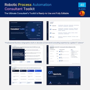 Puede incluir: Un kit de herramientas para consultores de automatización robótica de procesos con 40 diapositivas de PowerPoint editables. La presentación incluye infografías azul oscuro, diagramas de procesos y gráficos de datos empresariales que detallan estrategias.