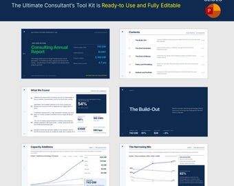 May include: A digital presentation template titled Business Strategy Reporting featuring 30 slides. The layout includes charts, data tables, and text sections covering consulting annual reports, capacity additions, and market analysis.