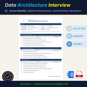 Puede incluir: Un documento digital titulado Data Architecture Interview Questions que incluye secciones sobre visión general, estructura, estándares, gobernanza y calidad de datos. El formulario contiene campos para detalles del proyecto y preguntas numeradas, disponible en tamaños A4 y Letter.