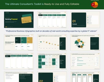 May include: A digital presentation template titled Financial Banking Proposal featuring 50 slides. The layout uses a dark green, cream, and gold color scheme with various business infographics, charts, and text boxes for professional consulting use.
