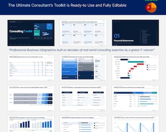 May include: A digital Finance & Accounting Consulting Toolkit featuring 100 editable PowerPoint slides. The display shows various business infographics, financial statements, bar charts, and data tables with blue, white, and gray color schemes.