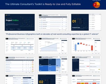 May include: A digital presentation template titled Energy & Infrastructure Project Gridline featuring 50 editable slides. The layout includes various business infographics, data charts, tables, and process diagrams with a professional dark blue and white color scheme.