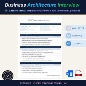 Puede incluir: Una plantilla digital de entrevista de arquitectura empresarial con secciones para organización, procesos de negocio y reglas. Incluye iconos de Word y PDF, además de etiquetas para formatos A4 y Letter.