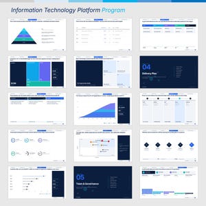 May include: A presentation slide deck titled Information Technology Platform Program featuring fifteen slides with various data visualisations, including a pyramid diagram, bar charts, scatter plots, and process flow diagrams in blue, white, and dark navy.