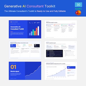 May include: A digital presentation deck titled Generative AI Consultant Toolkit containing 30 slides. The layout features blue backgrounds with white text, bar charts, line graphs, and structured report sections detailing market signals and strategy.