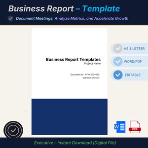 Può includere: Un modello digitale di report aziendale con copertina bianca e testo nero che recita Business Report Templates, Project Name, Document ID: YYYY-OO-000 e Standard Version. La parte inferiore è blu scuro con icone per file Word e PDF.
