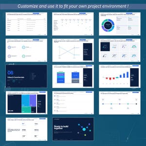 May include: A collection of fourteen presentation slides featuring business data, charts, and project management metrics. The slides display various graphs, tables, and text, including the title 'Value & Commercials' and 'Ready to build together'.