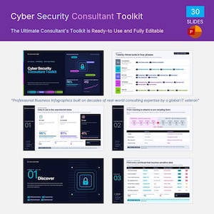 Puede incluir: Un kit de presentación digital para consultores de ciberseguridad que contiene 30 diapositivas. Las diapositivas presentan fondos azul oscuro y blanco con infografías, gráficos y texto que detallan fases de seguridad y protección.