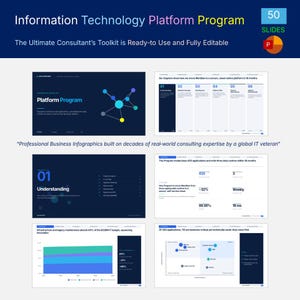 Puede incluir: Una plantilla de presentación digital titulada Information Technology Platform Program con 50 diapositivas. El diseño incluye fondos azul oscuro y blancos con varias infografías, gráficos y texto sobre estrategias de consultoría IT.